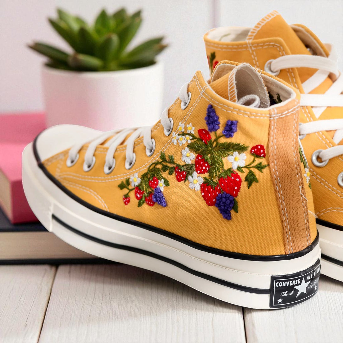 Strawberry Converse embroidered shoes in yellow with floral design and white sole