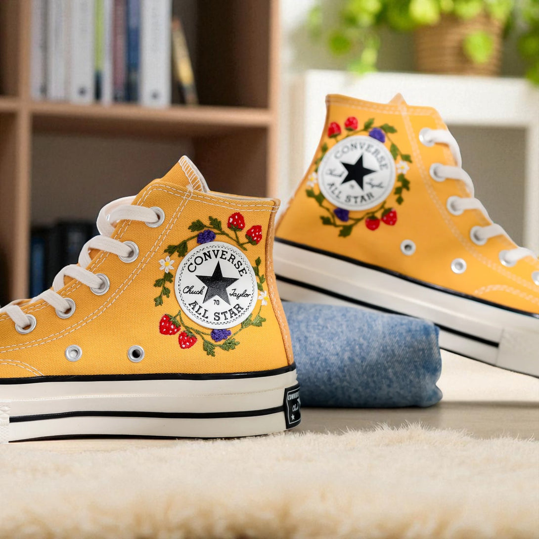 Strawberry Converse yellow embroidered shoes with floral design and classic high-top style