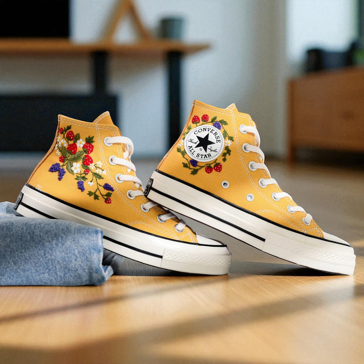 Strawberry Converse yellow embroidered high-top shoes with floral designs for a stylish look
