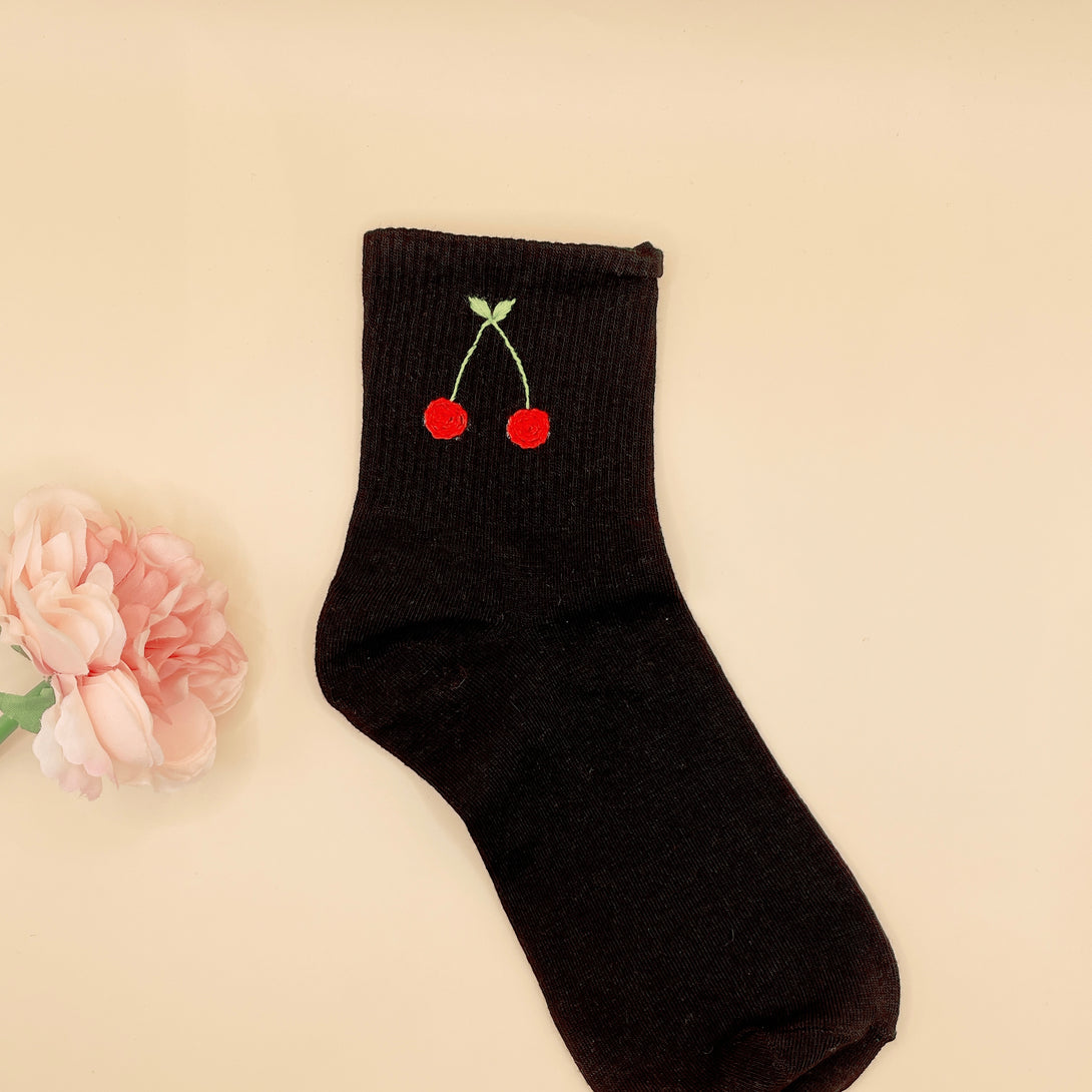 Black Style Socks Embroidered For Women with red cherry design on ankle by Stitchery Zone