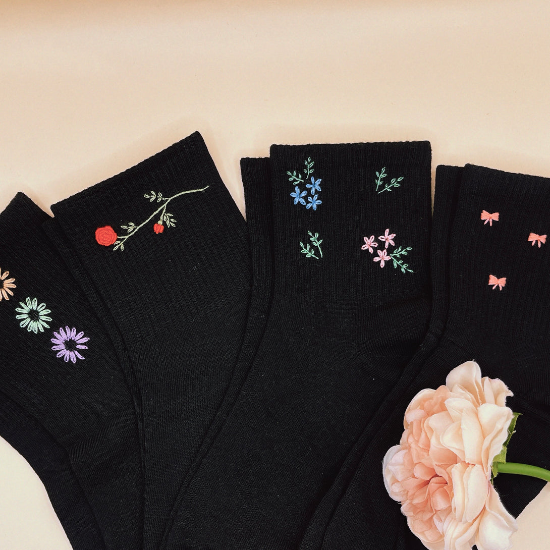 Black Style Socks Embroidered For Women with colorful floral and bow designs from Stitchery Zone