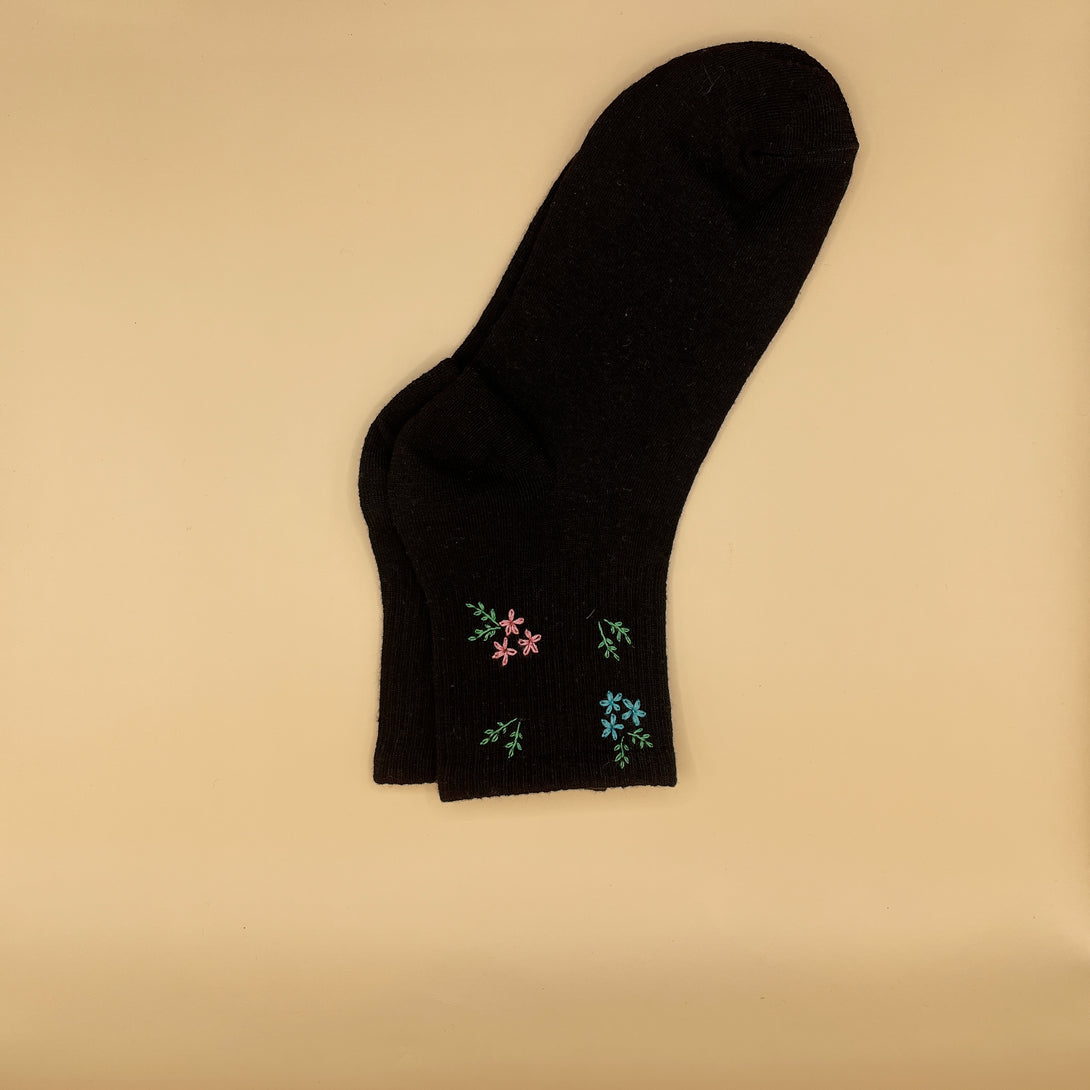 Black Style Socks Embroidered For Women with small pink and blue floral designs