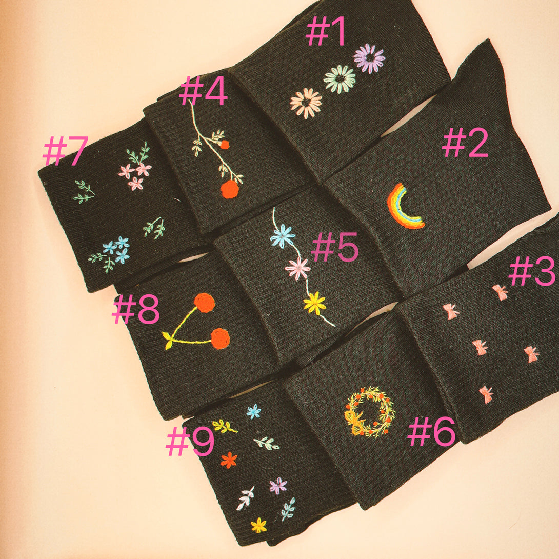 Style Socks Embroidered For Women with various colorful floral and rainbow designs by Stitchery Zone