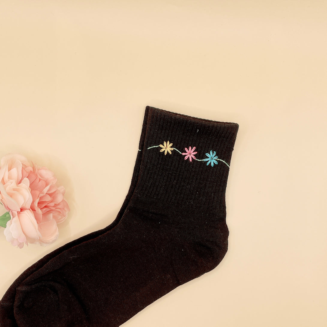 Black sock with colorful flower embroidery Style Socks Embroidered For Women by Stitchery Zone