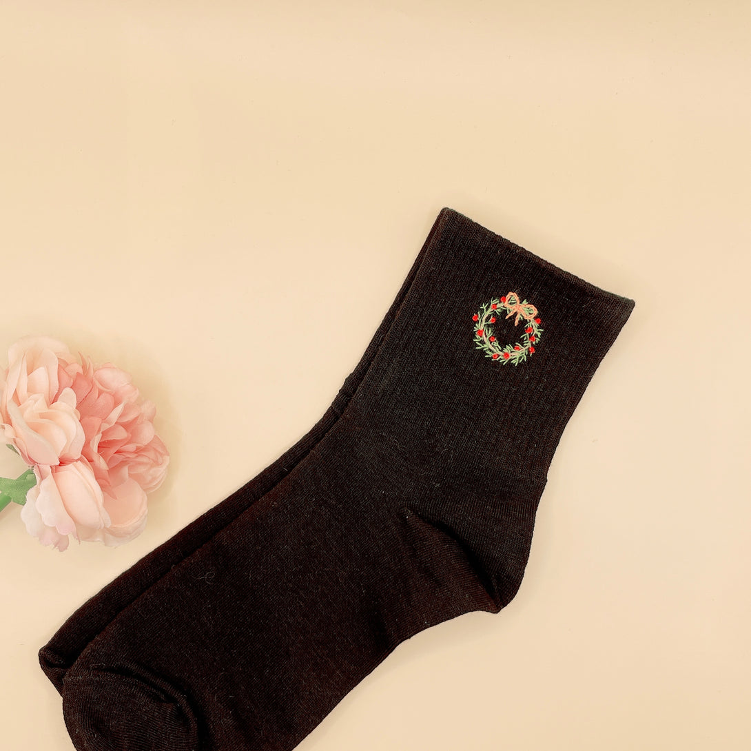Black Style Socks Embroidered For Women with a festive wreath design from Stitchery Zone