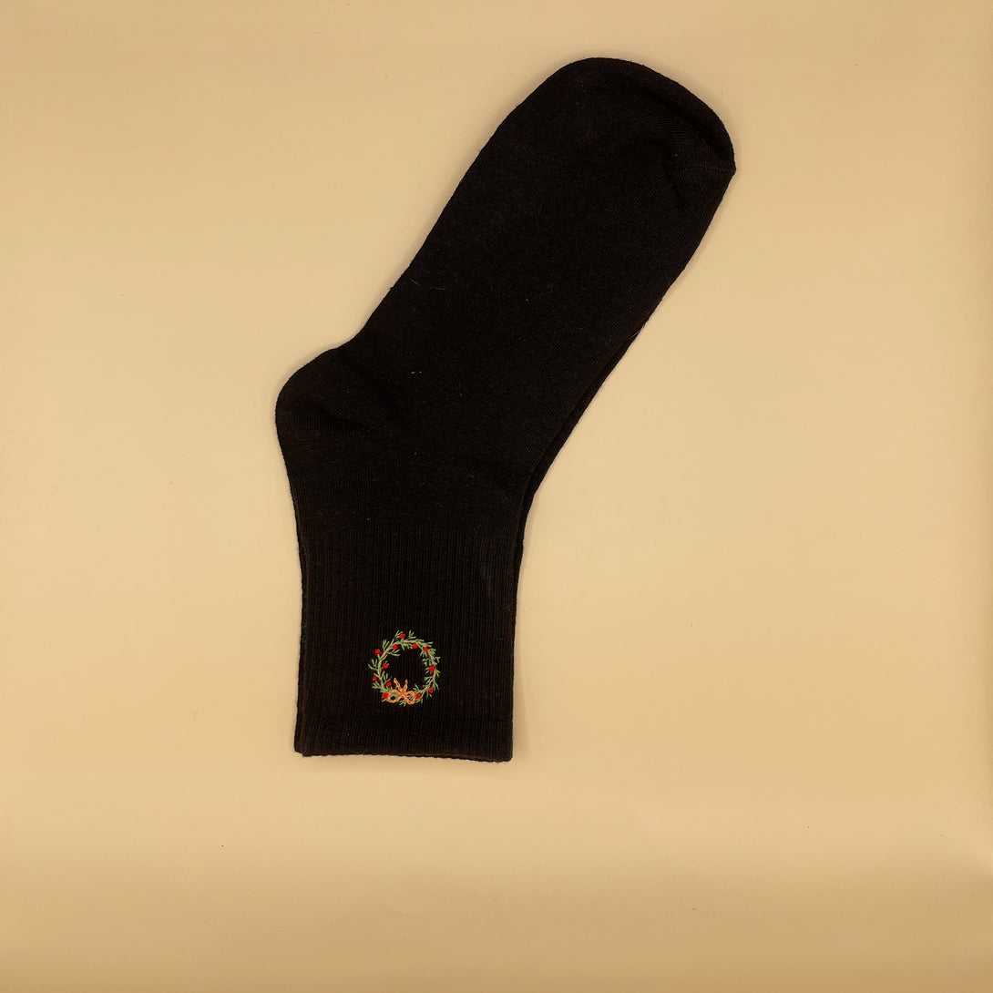 Black Style Socks Embroidered For Women with small colorful floral wreath design