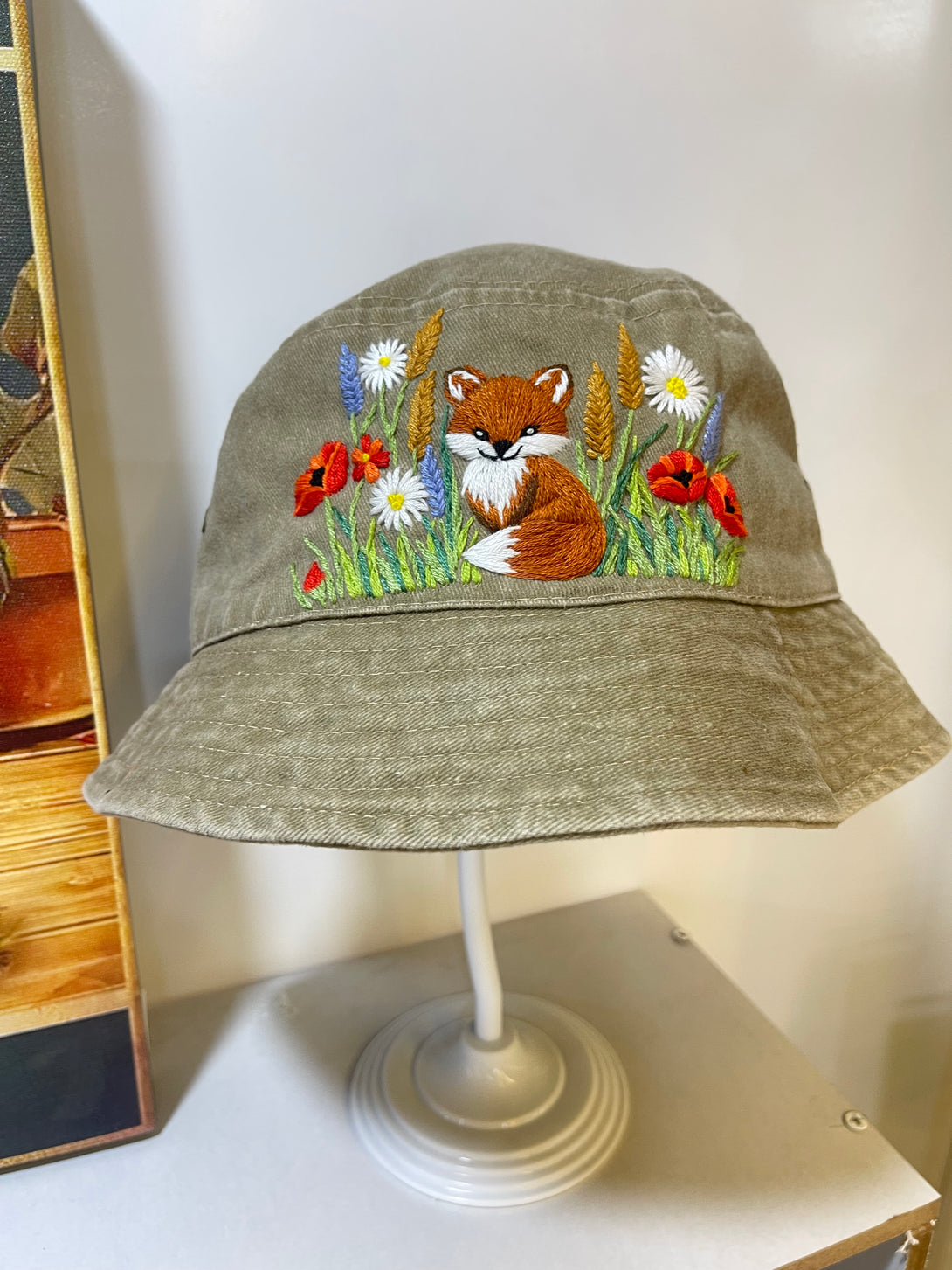 Summer Hat with Fox Embroidery by Stitchery Zone featuring fox and floral design on khaki bucket hat