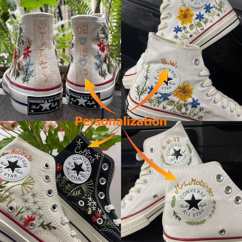 Personalized sunflower converse shoes with floral embroidery design on white canvas