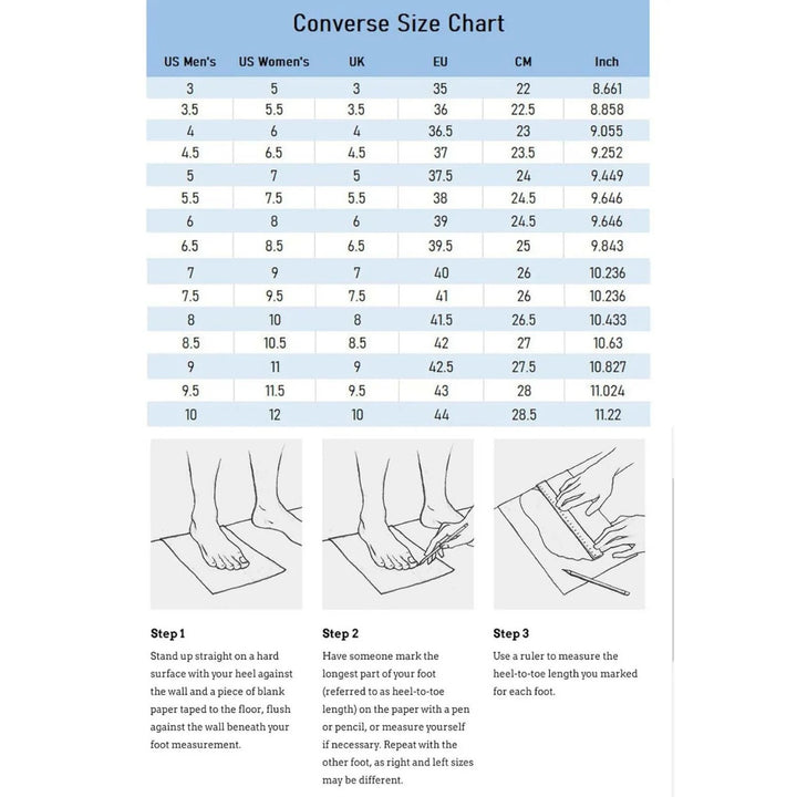 Converse size chart for sunflower converse shoes with detailed measurement guidelines