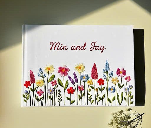 Unique Handmade Wedding Guest Book with colorful embroidered flowers and personalized names Min and Jay