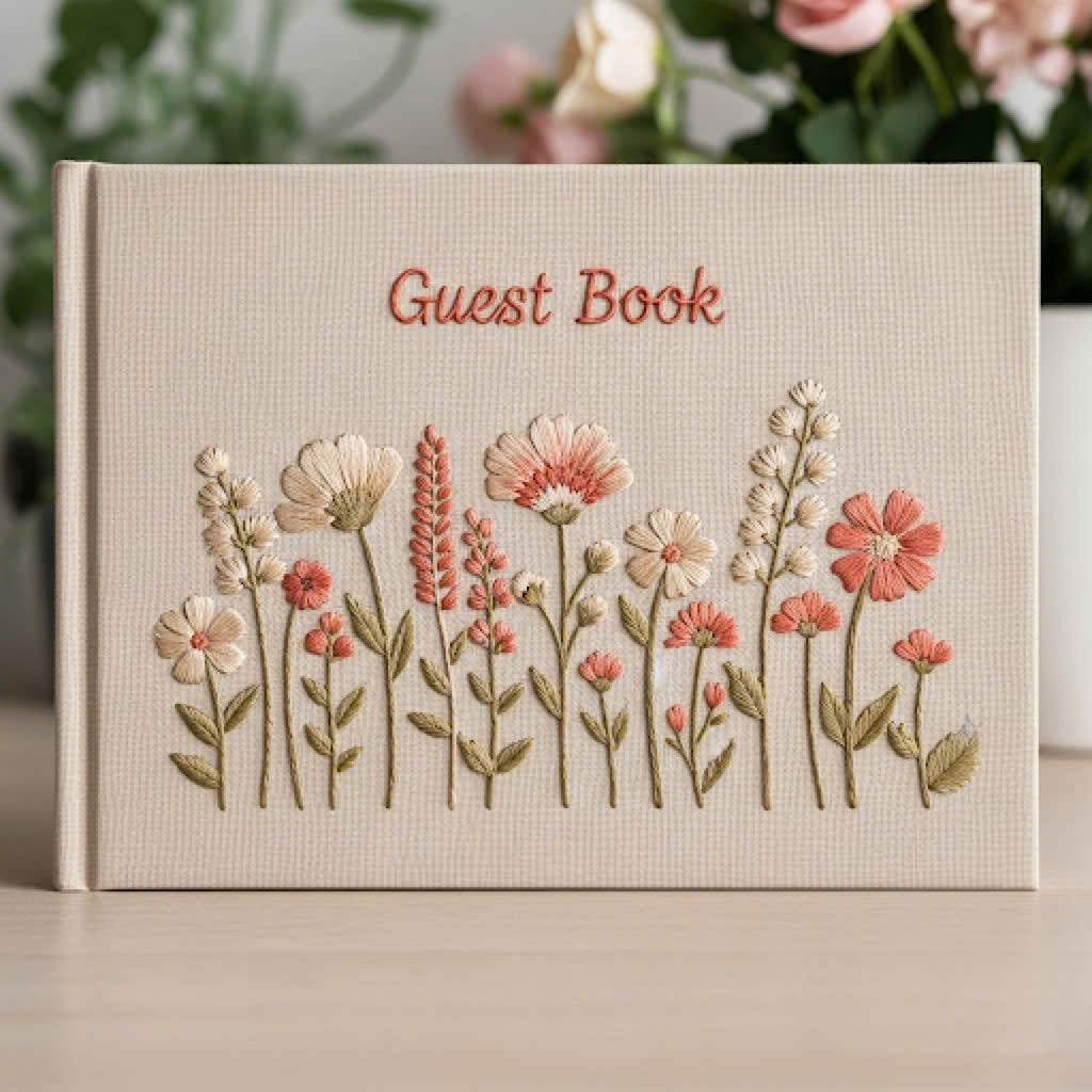 Unique Handmade Wedding Guest Book by Stitchery Zone with embroidered floral design on beige cover