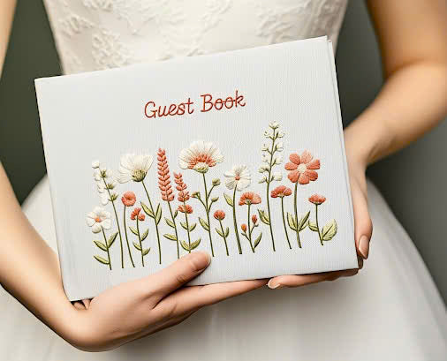 Unique Handmade Wedding Guest Book by Stitchery Zone with embroidered floral design held by bride in white dress