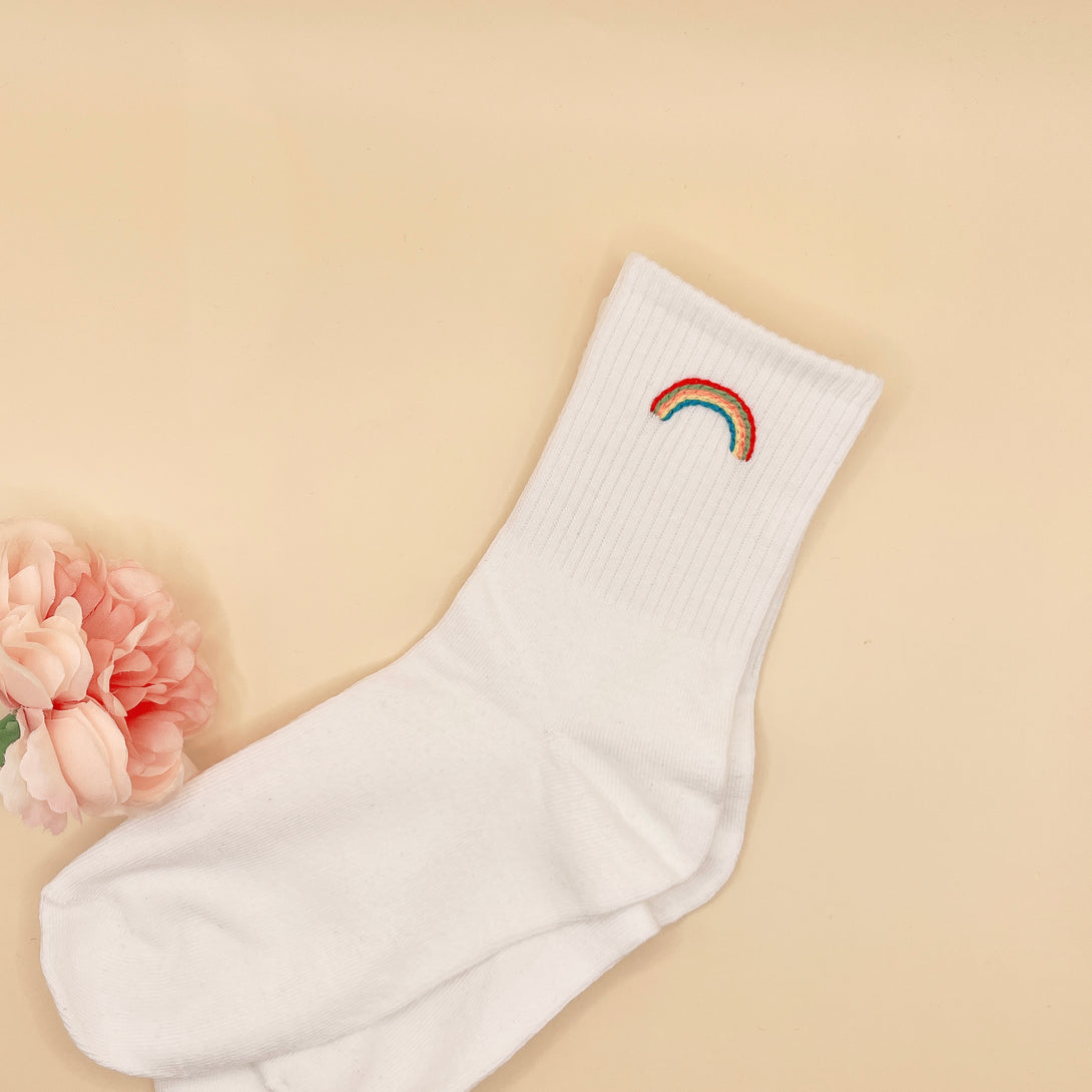 White Tennis Socks Embroidered For Women with colorful rainbow design near cuff