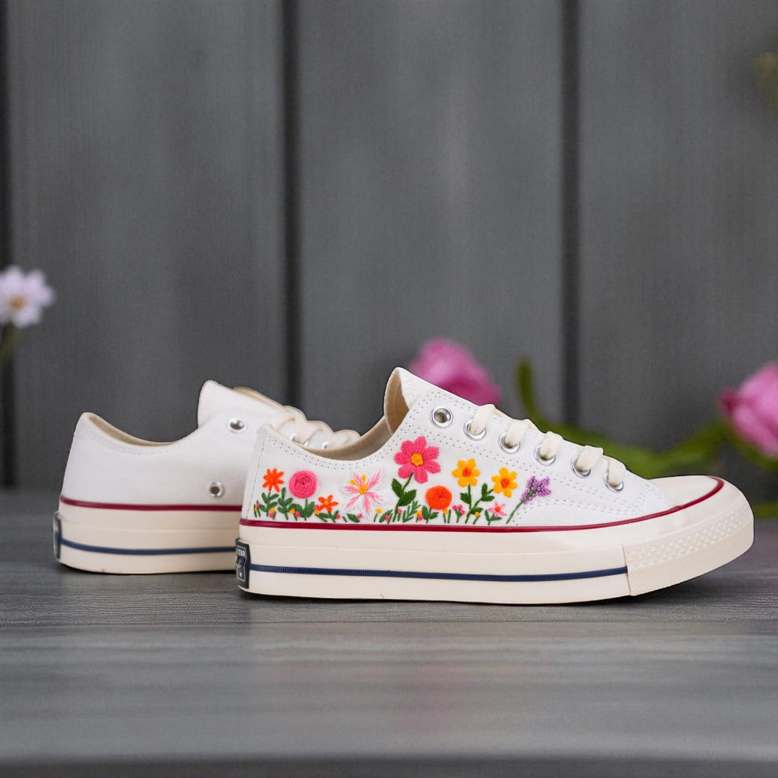 Stitchery Zone embroidered wedding dress shoes for women with colorful floral design on white canvas sneakers