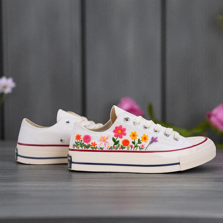 Stitchery Zone embroidered wedding dress shoes for women with colorful floral design on white canvas sneakers