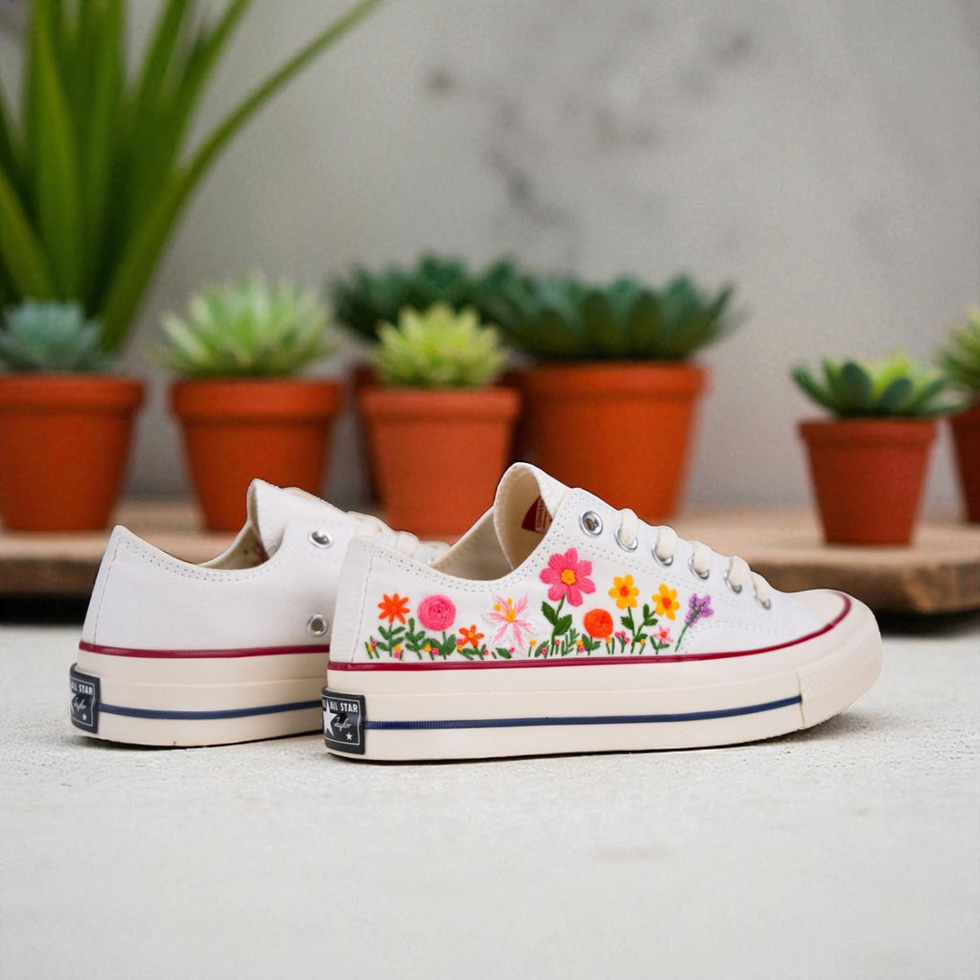 Stitchery Zone embroidered shoes with colorful floral design wedding dress shoes for women