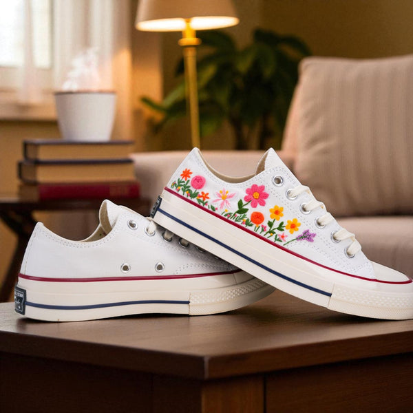 Stitchery Zone embroidered shoes with colorful floral designs wedding dress shoes for women on wooden table