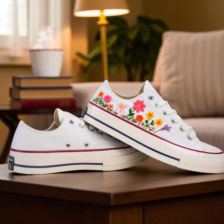 Stitchery Zone embroidered shoes with colorful floral designs wedding dress shoes for women on wooden table