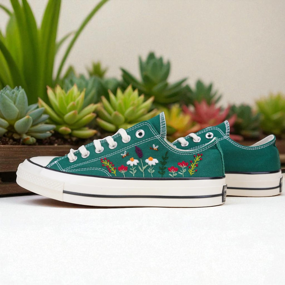 Stitchery Zone green embroidered shoes with floral design perfect as wedding shoes for garden wedding