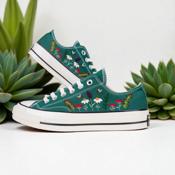 Stitchery Zone embroidered green canvas shoes with floral design, perfect wedding shoes for garden wedding