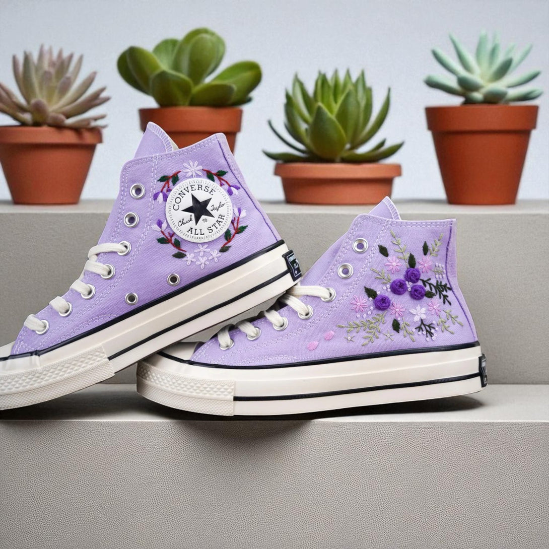 Stitchery Zone embroidered purple high top shoes designed as wedding shoes for garden wedding with floral details