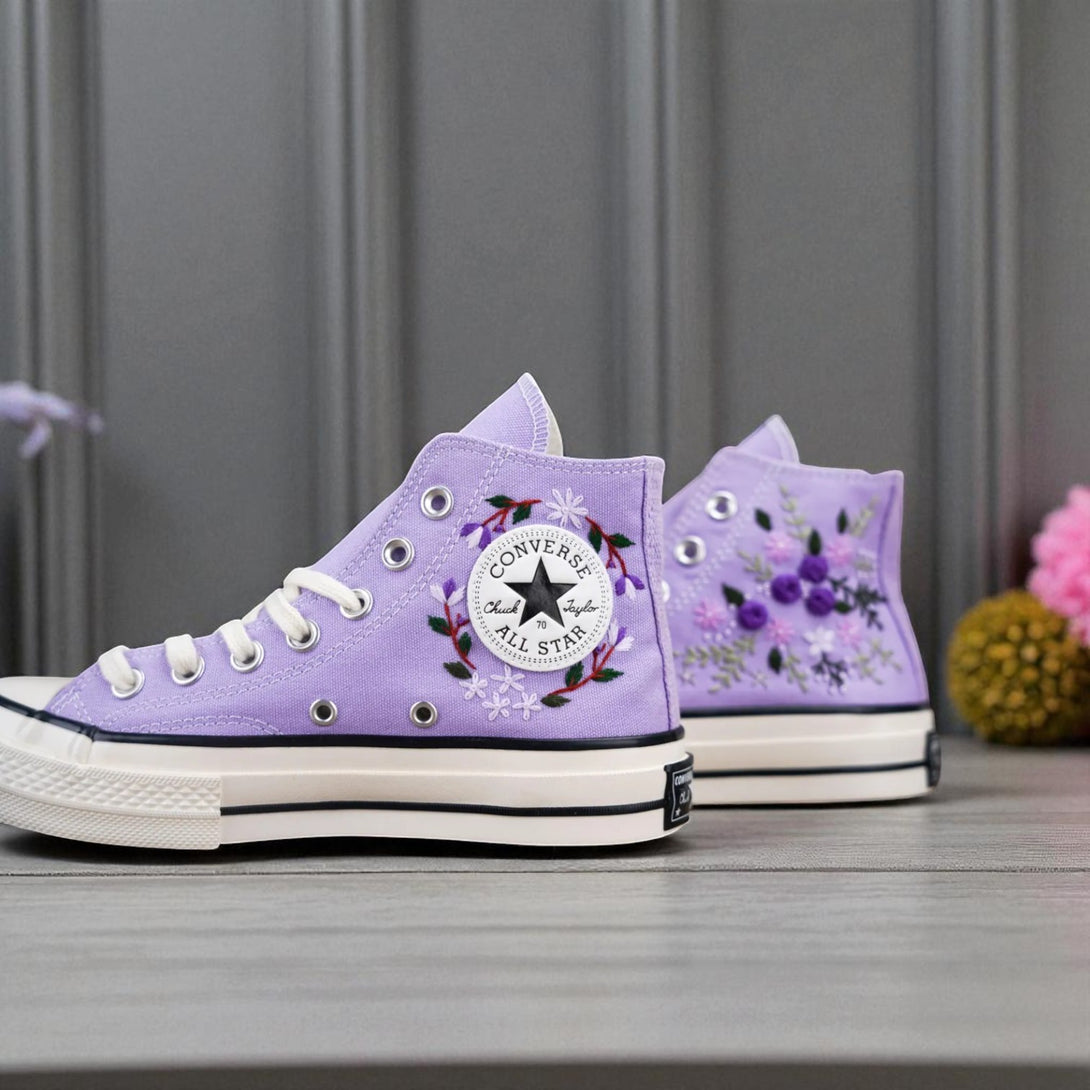 Stitchery Zone embroidered purple Converse shoes ideal as wedding shoes for garden wedding with floral designs