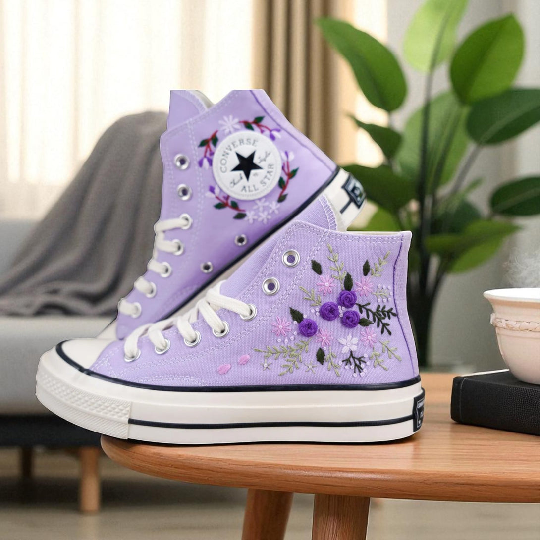 Lavender embroidered shoes from Stitchery Zone perfect as wedding shoes for garden wedding with floral design