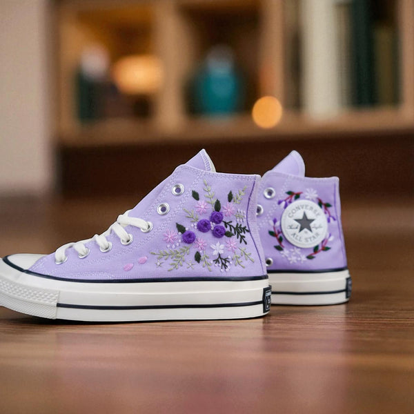 Stitchery Zone embroidered shoes in lavender with floral design perfect as wedding shoes for garden wedding