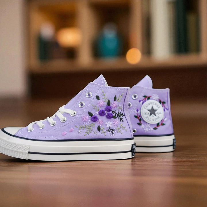 Stitchery Zone embroidered shoes in lavender with floral design perfect as wedding shoes for garden wedding