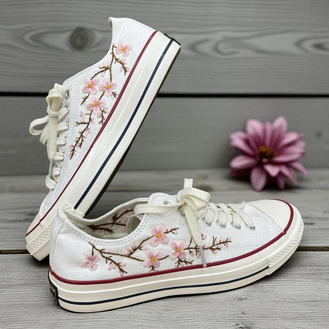 Wedding tennis shoes for bride Cherry Blossoms Embroidered Shoes Low Tops by Stitchery Zone with pink floral embroidery