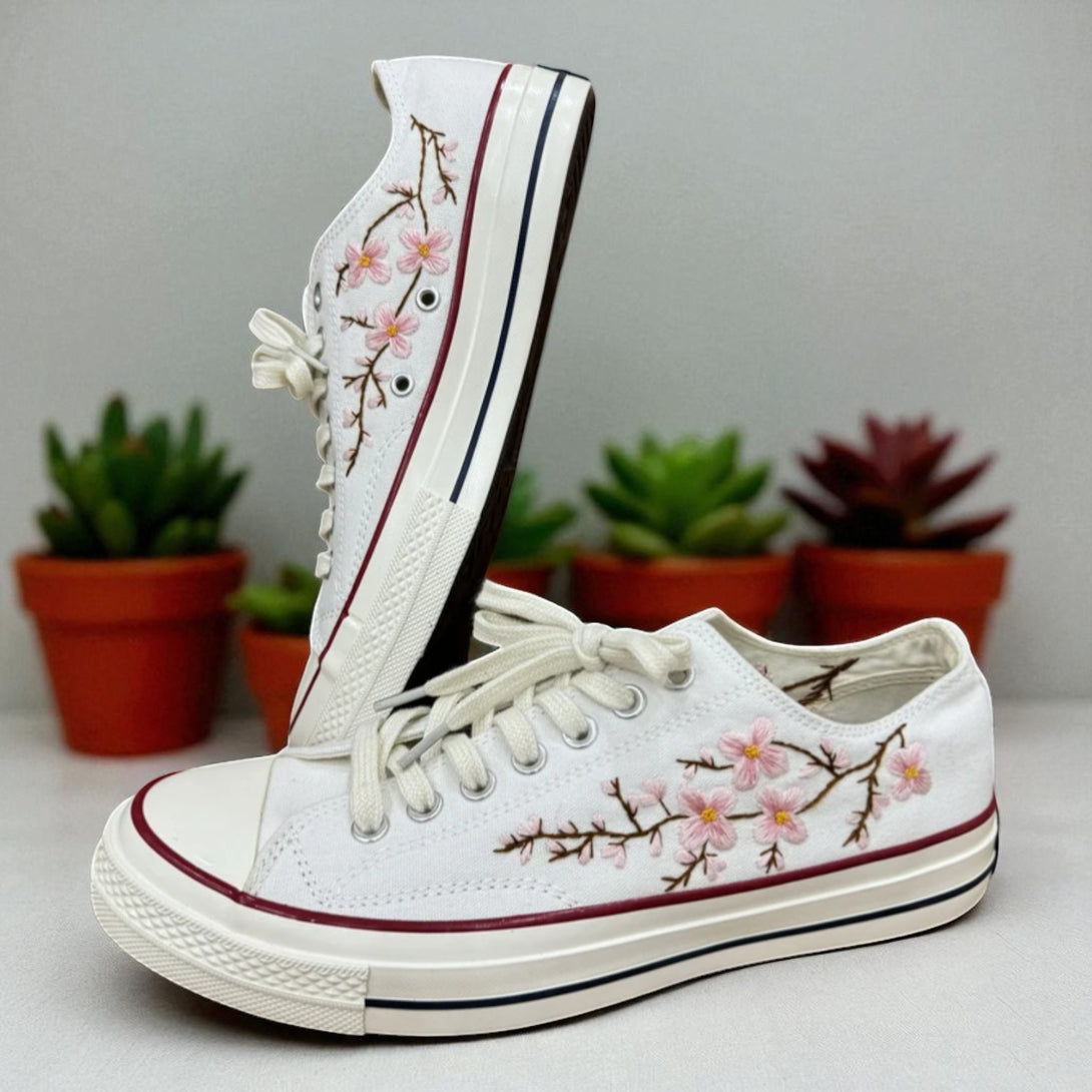 Wedding tennis shoes for bride Cherry Blossoms Embroidered Shoes Low Tops with pink flower design