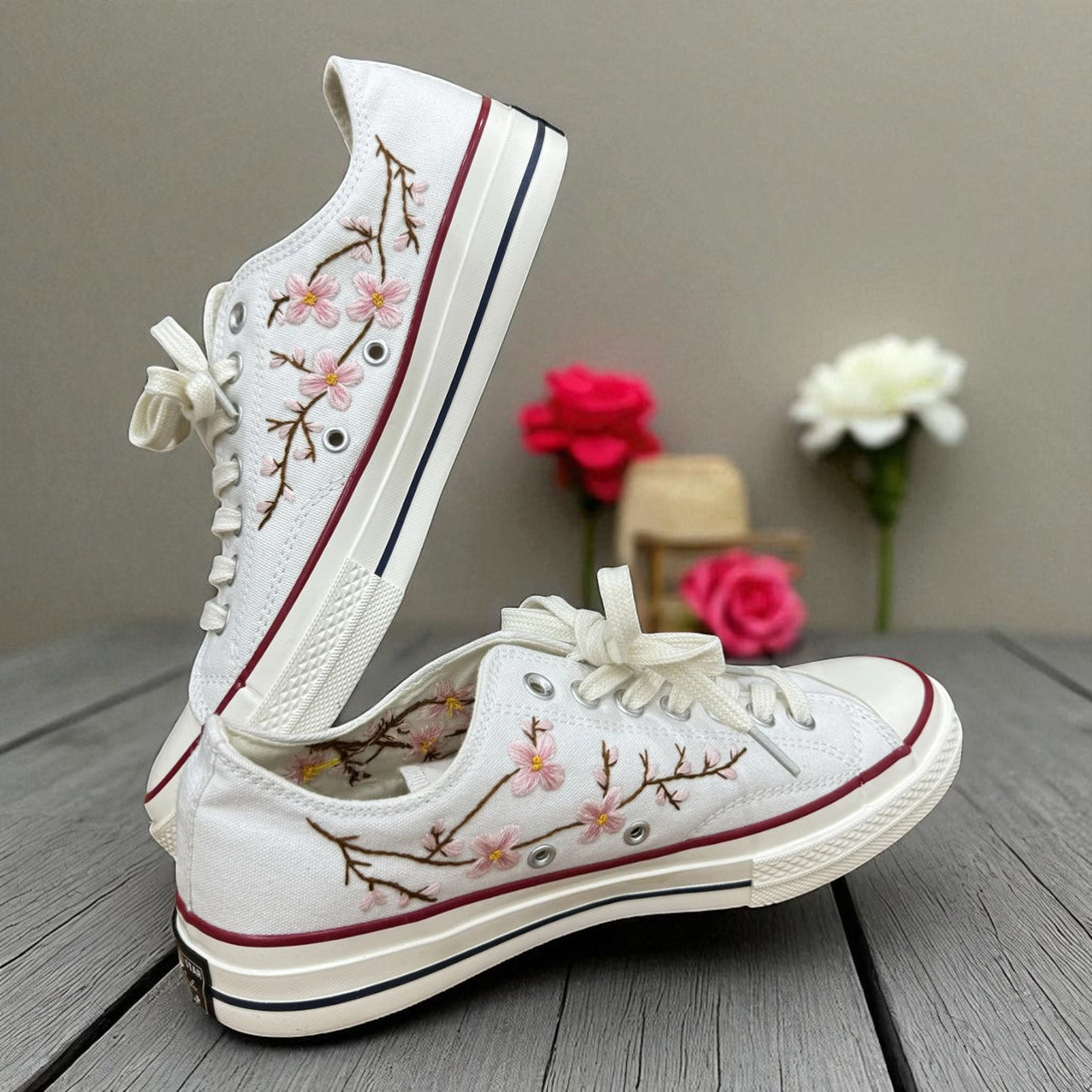wedding tennis shoes for bride Cherry Blossoms Embroidered Shoes Low Tops with floral pink embroidery on white canvas