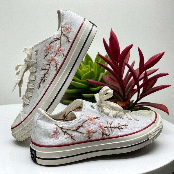 Wedding tennis shoes for bride Cherry Blossoms Embroidered Shoes Low Tops by Stitchery Zone white canvas with pink floral embroidery