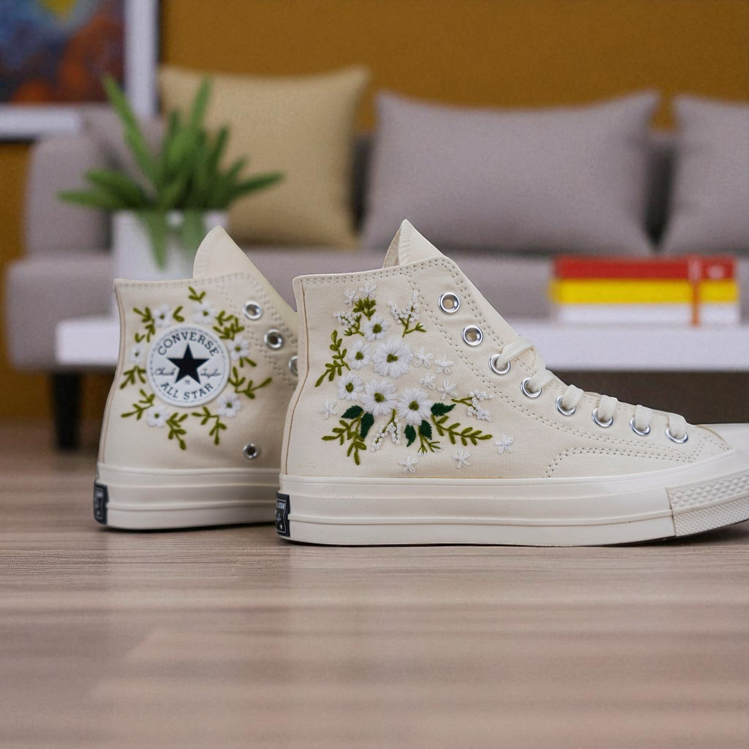 Stitchery Zone embroidered wedding tennis shoes for bride with white floral design on high-top sneakers