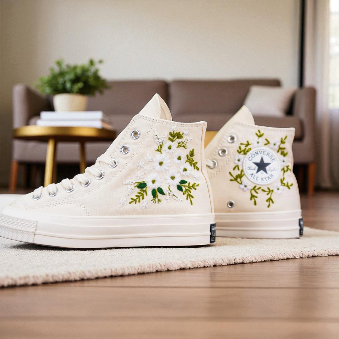 Stitchery Zone embroidered wedding tennis shoes for bride with floral design on white high-top sneakers
