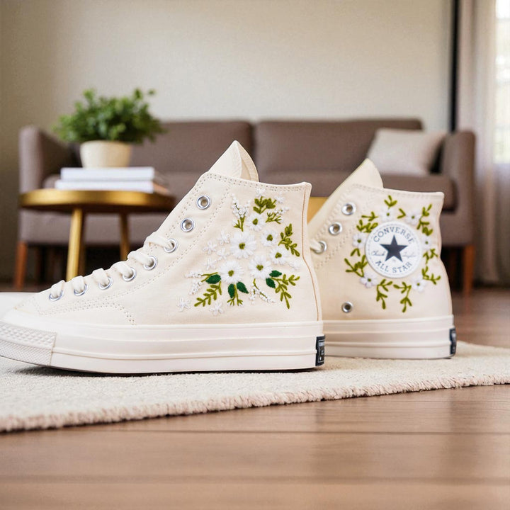 Stitchery Zone embroidered wedding tennis shoes for bride with floral design on white high-top sneakers