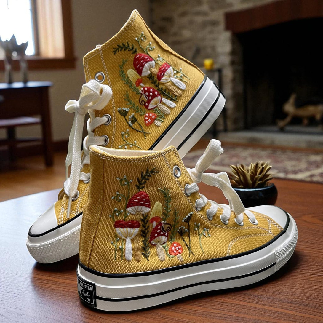 Stitchery Zone Mushrooms Embroidered Sneakers in yellow high-top canvas with red and white mushroom designs