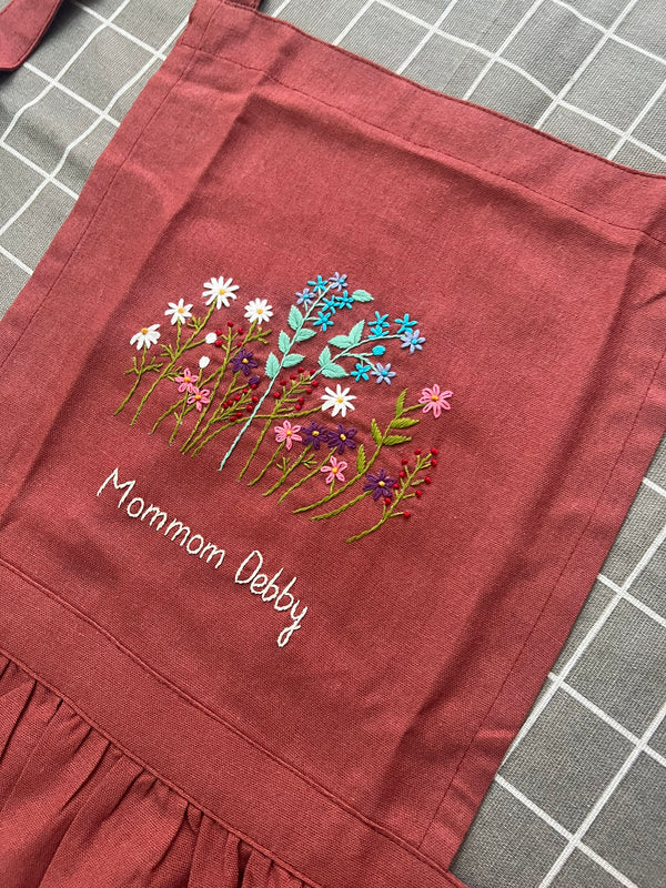 Handmade Red Embroidered Aprons with Blooming Wildflowers | Embroidered cross back apron