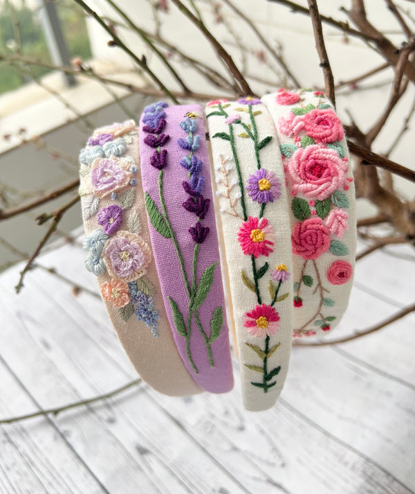 Rose & Lavender Hand Embroidered Headbands for Women – Handmade Elegance