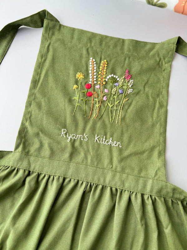 Handmade Green Embroidered linen Apron with Floral Stitching | Embroidered custom apron patterns
