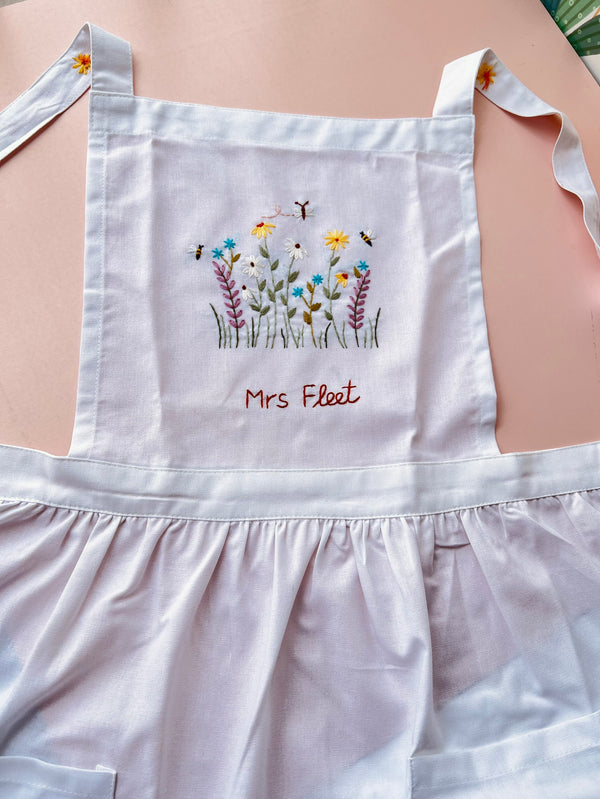 Bee and Petals Apron, Personalized Hand Embroidered Apron