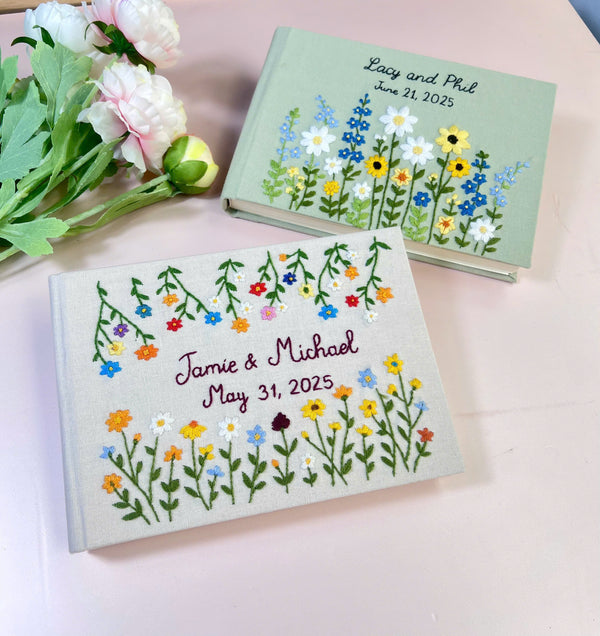 Custom Hand Embroidered Wedding Guest Book with Daisies and Names – June 21, 2025