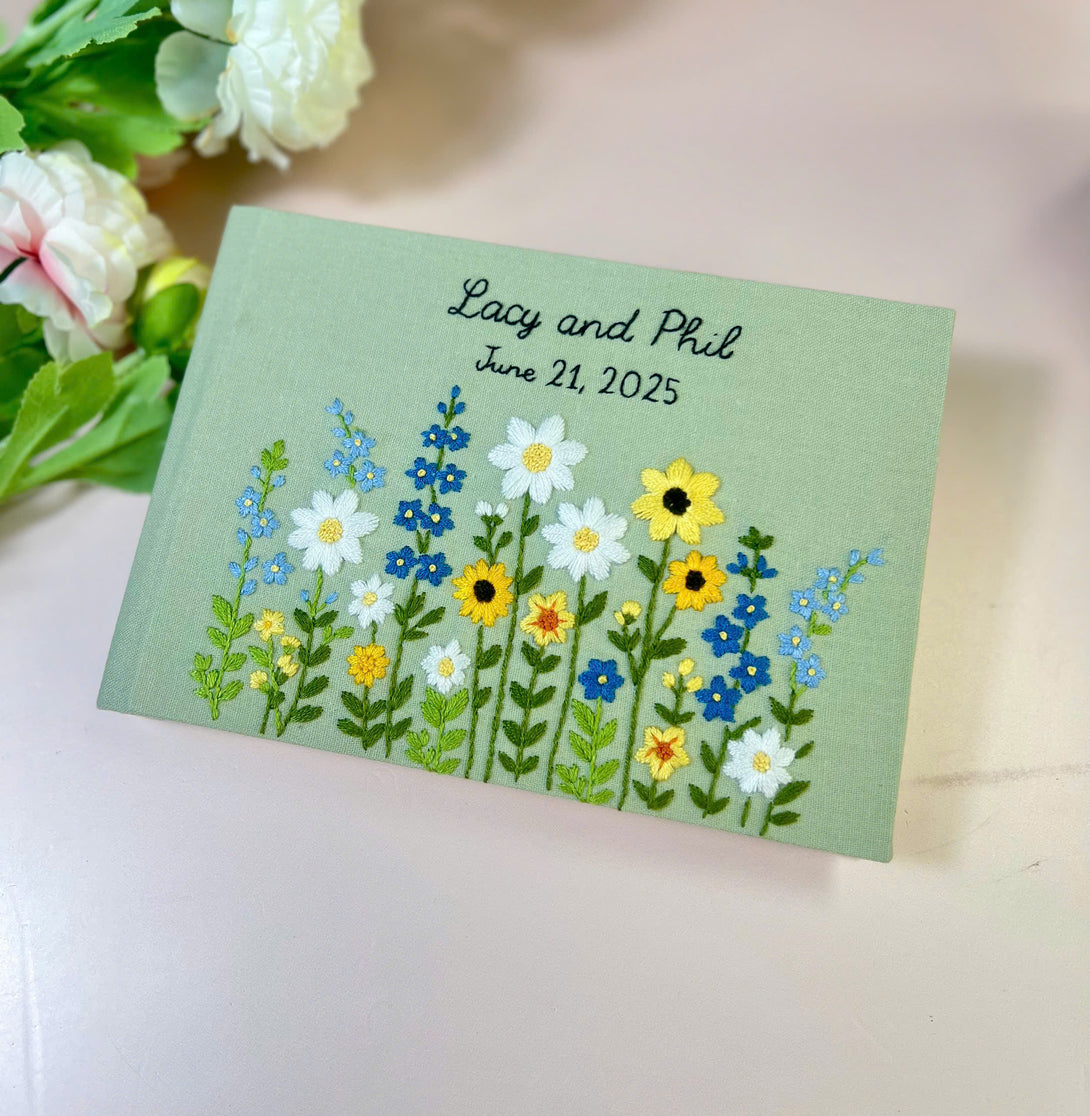 Custom Hand Embroidered Wedding Guest Book with Daisies and Names – June 21, 2025