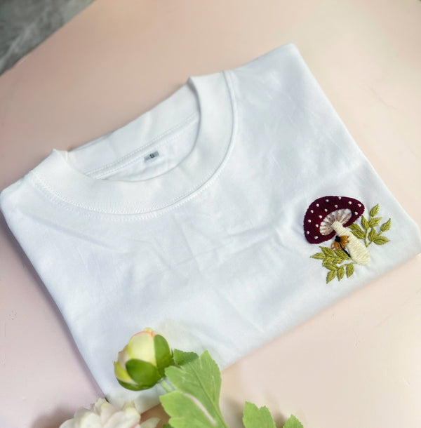 White T-Shirt with Hand Embroidered Red Mushroom and Leaves