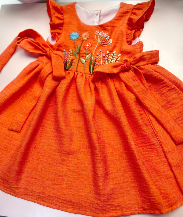 Orange Linen Girl’s Dress with Hand Embroidered Wildflowers