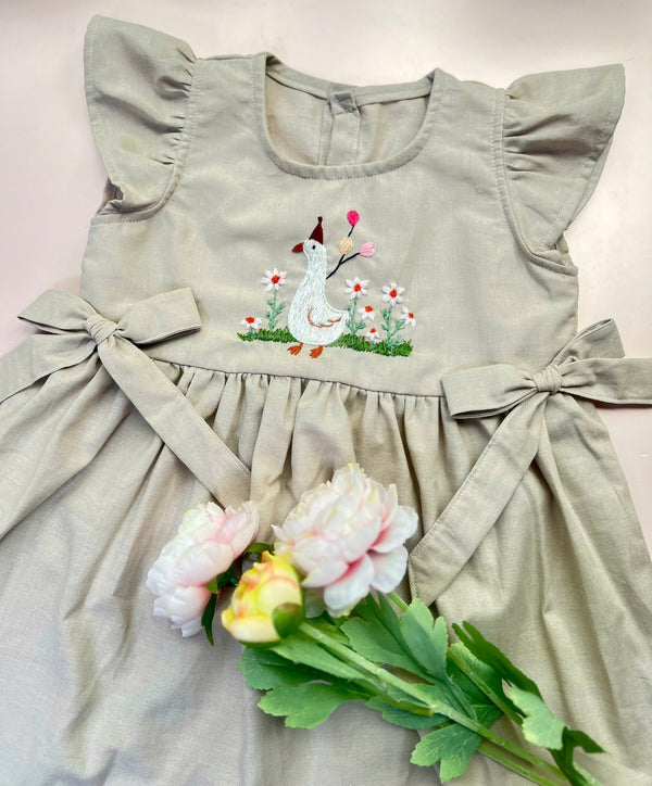 Girl’s Linen Dress with Hand Embroidered Goose and Flowers