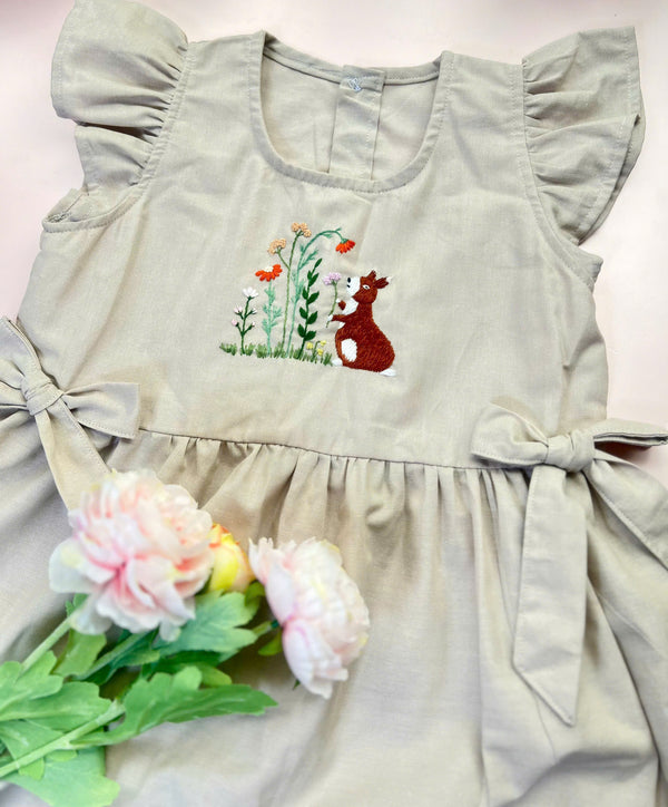 Linen Girl Dress with Hand Embroidered Rabbit and Flowers