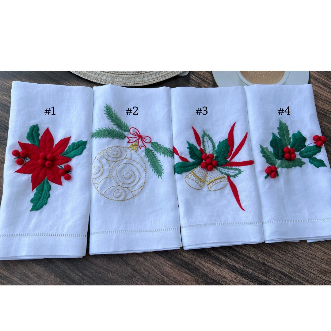 Christmas Hand Embroidered Linen Napkins Set - Stitchery Zone
