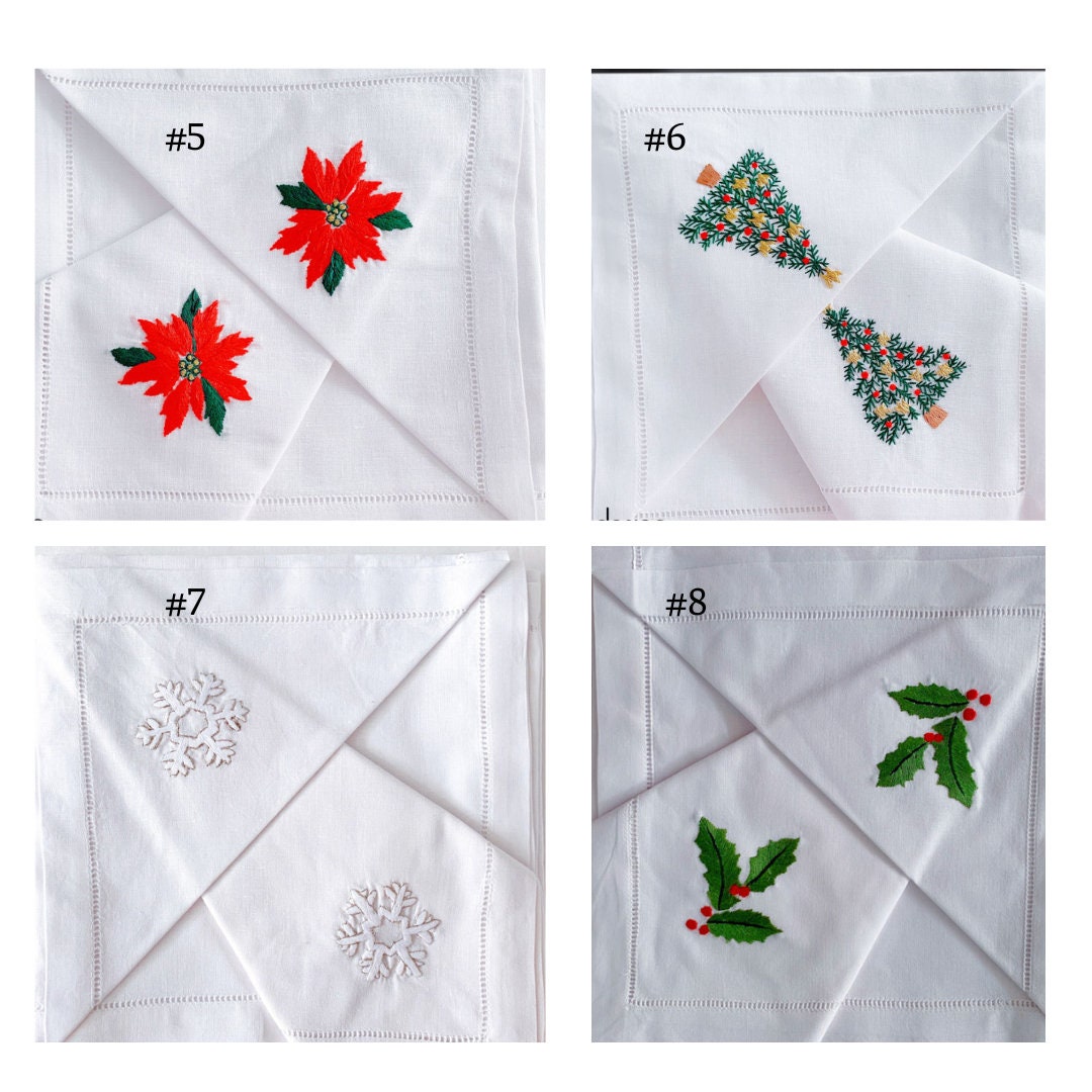 Christmas Hand Embroidered Linen Napkins Set - Stitchery Zone