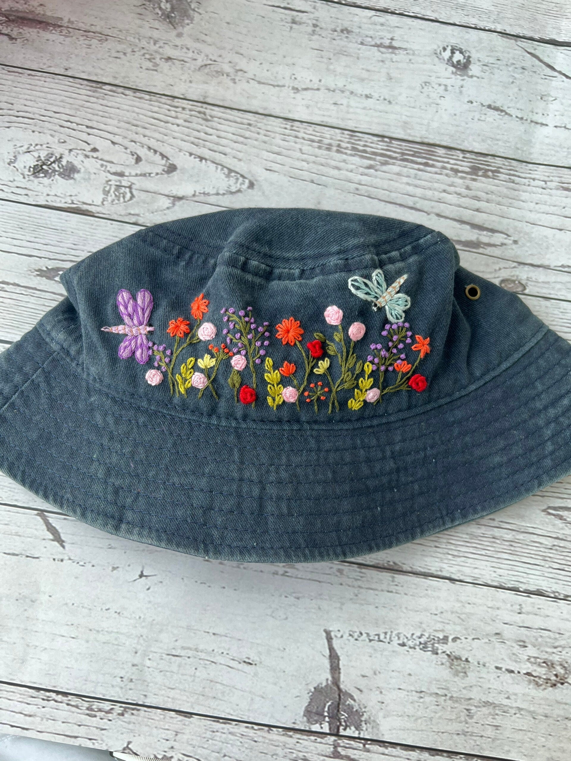 Hand Embroidered Floral Bucket Hat with Dragonfly – Stitchery Zone